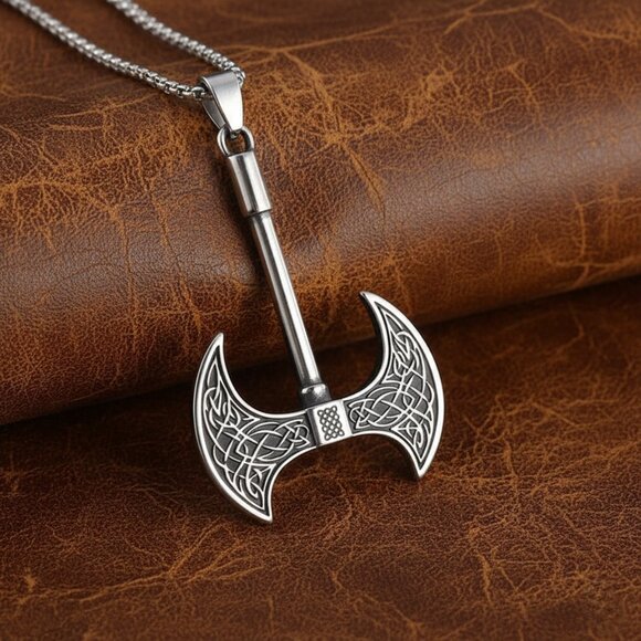 Viking Axe Double Head Pendant Necklace 316L Stainless Steel Mens Unisex NWOT - Picture 5 of 8